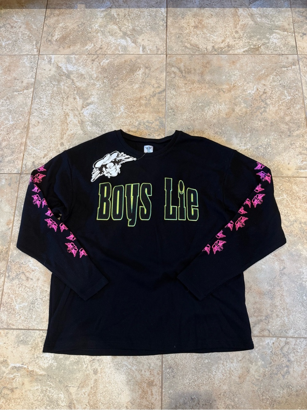 NWT Boys Lie Black waffle Long-Sleeve Tee with Neon Green Logo